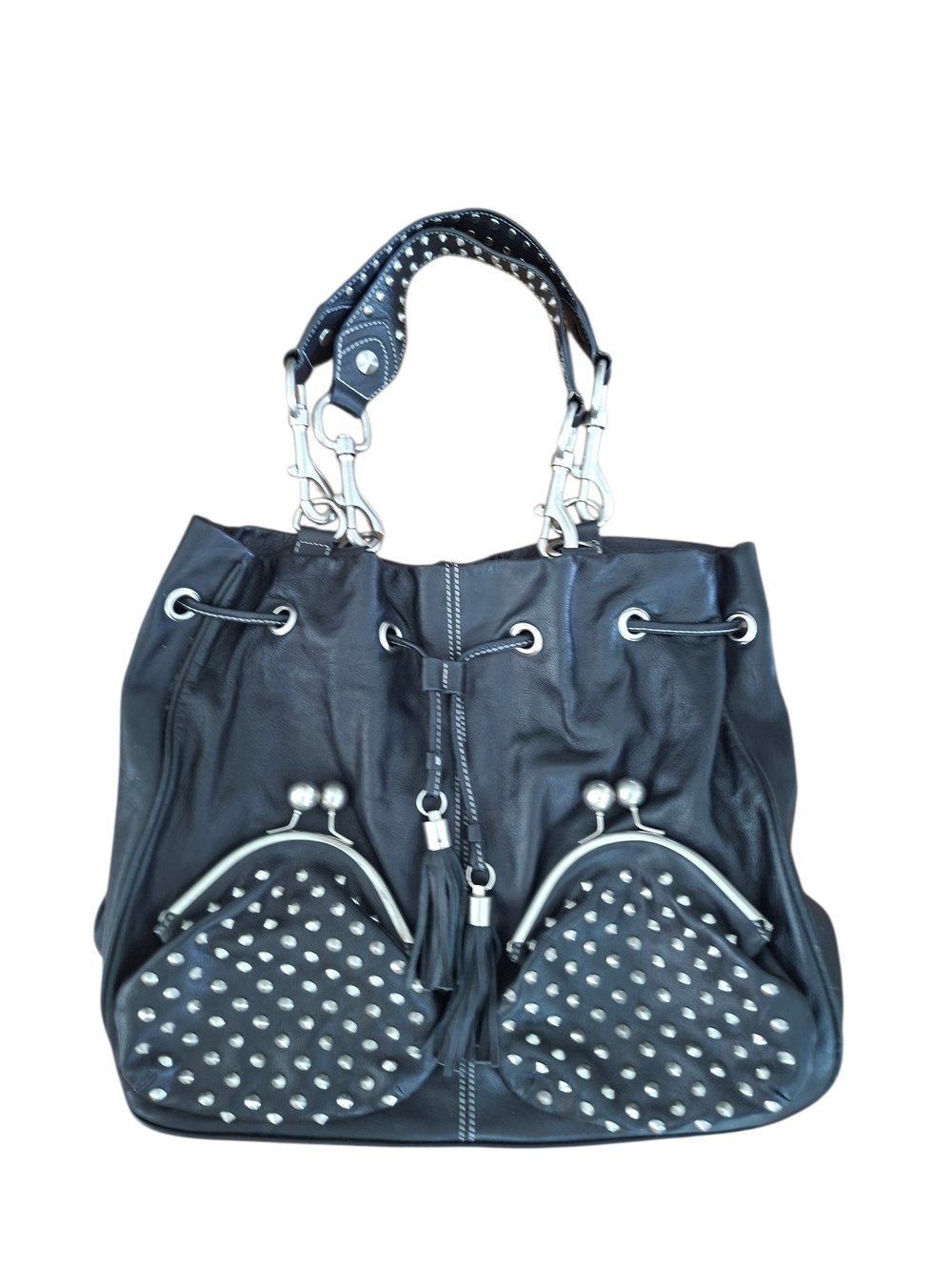 Vtg Betsey Johnson Black Leather Studded Kiss Lock Hobo Bucket Bag Y2K Rare - Picture 3 of 16